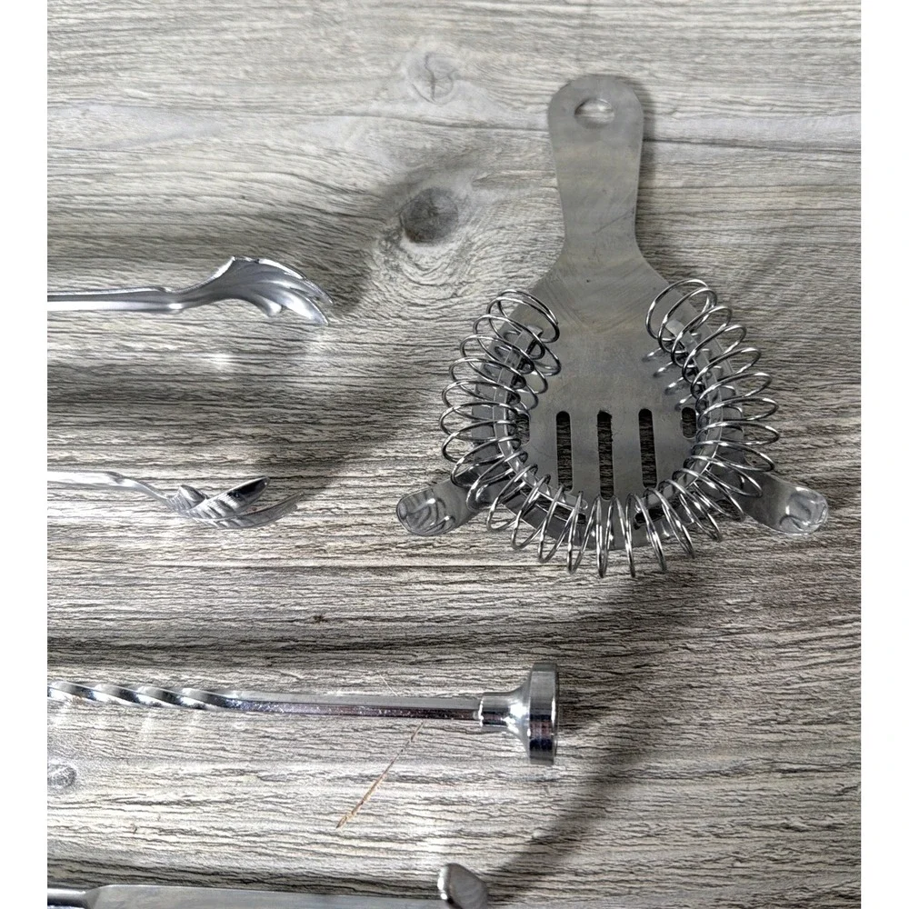 9 Pc Bar Tool Lot Stainless Steel Tongs Long Stirrers Spoons Cocktail Strainer